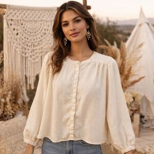 Signature Reitmans Viscose Blend Button Down Blouse Puff Sleeve Lightweight Top